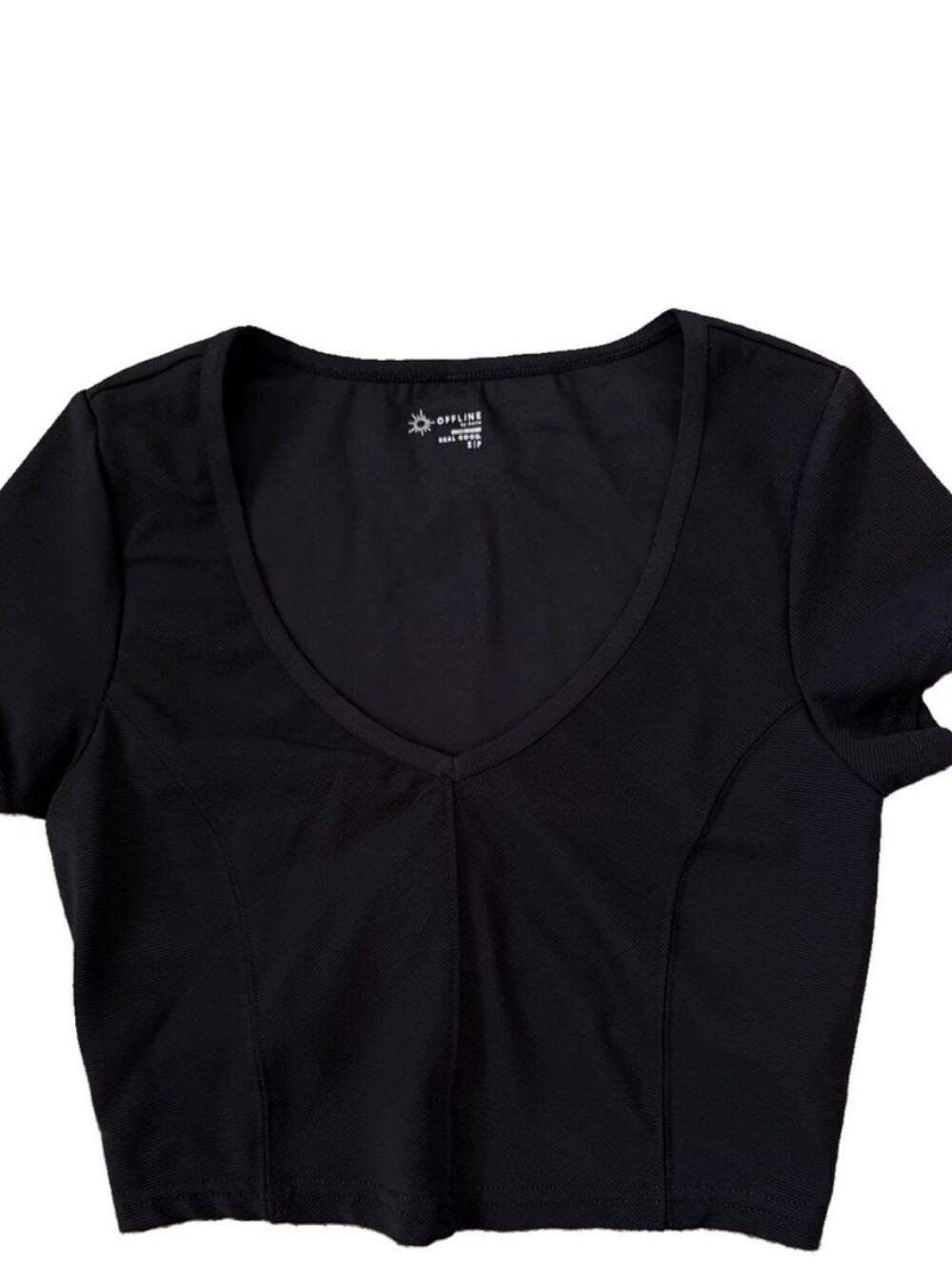 Aerie Black V-Neck Cap Sleeve Crop Top